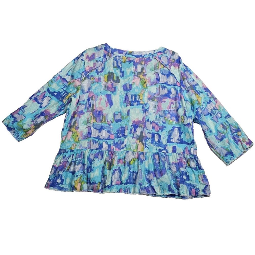 Ali Miles Large Peplum Top Colorful Button Up Ruffle Linen Blend Boho Lagenlook - Picture 4 of 5